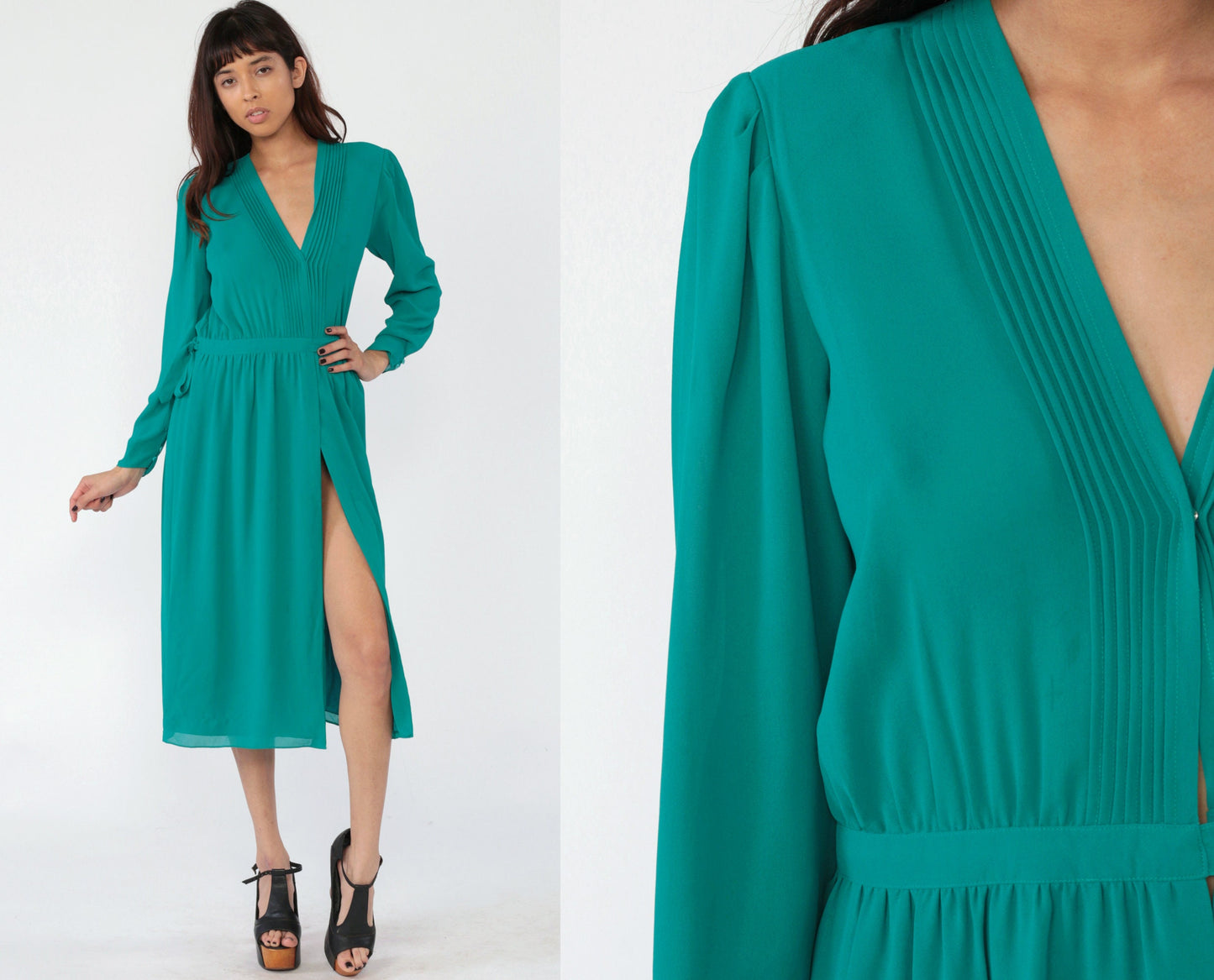 70s Teal Wrap Dress Deep V Neck Puff Sleeve High Waist Midi Small
