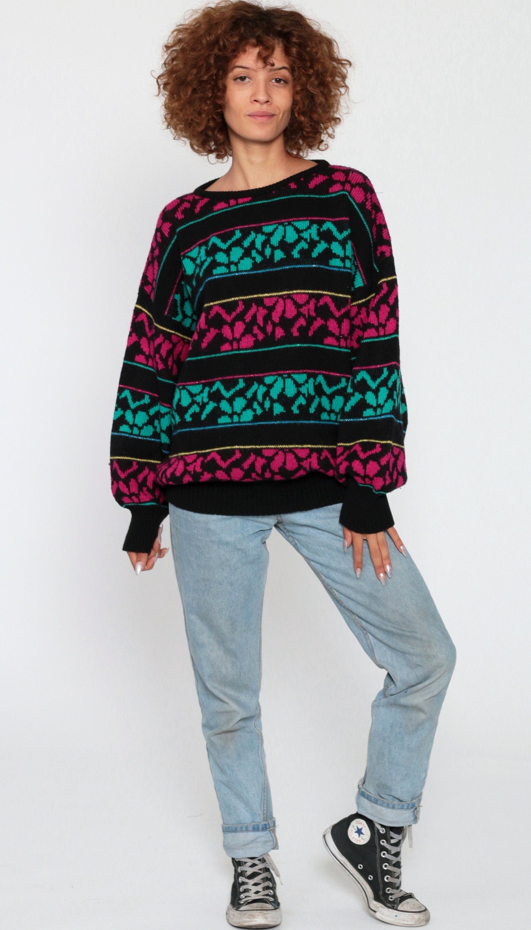 90s Metallic Floral Sweater Black Wool Acrylic Knit Pullover Large