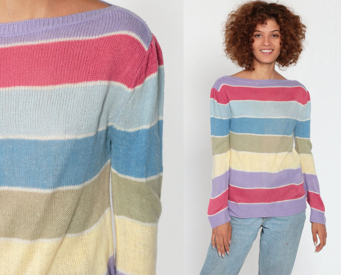 80s Pastel Striped Boatneck Sweater Puff Sleeve Knit Pullover Small