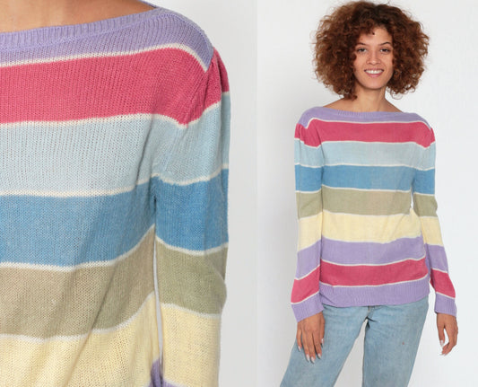 80s Pastel Striped Boatneck Sweater Puff Sleeve Knit Pullover Small