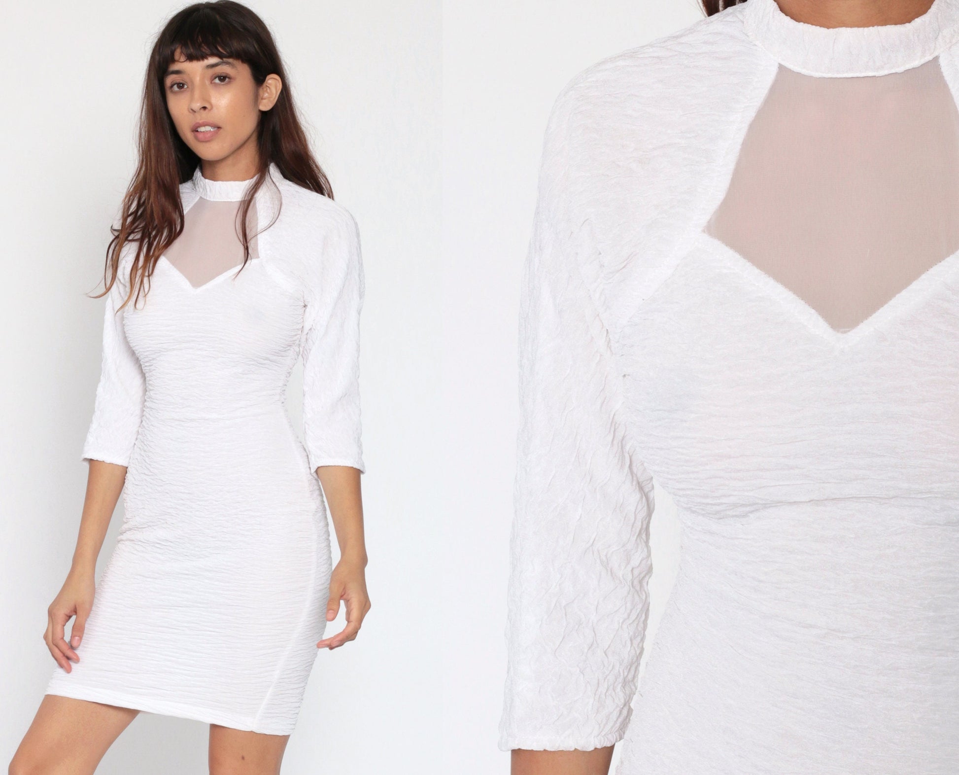 90s White Mini Dress Cutout Back Choker Long Sleeve Bodycon Small