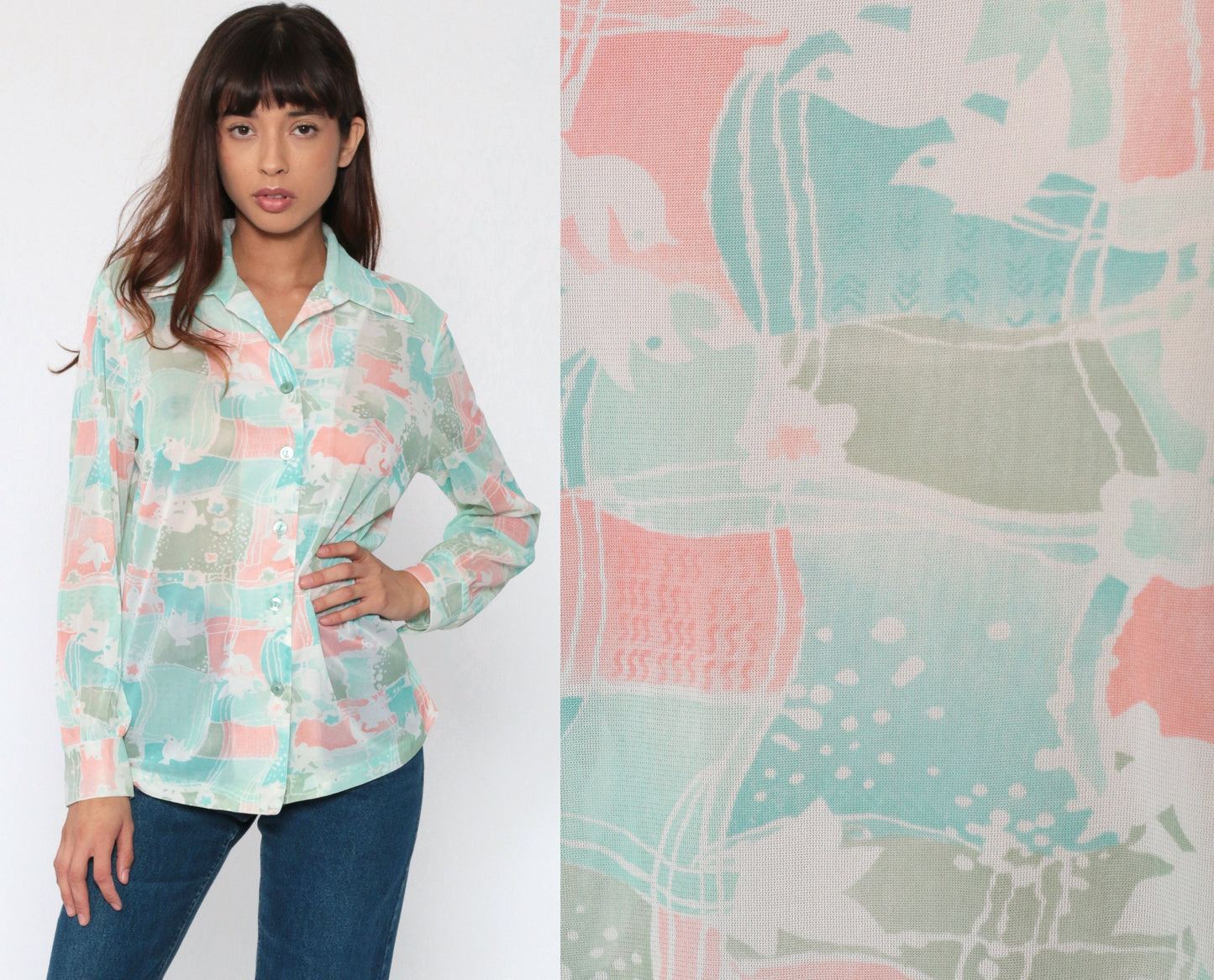 70s Dove Print Button Up Blouse Long Sleeve Patchwork Pink Green Medium