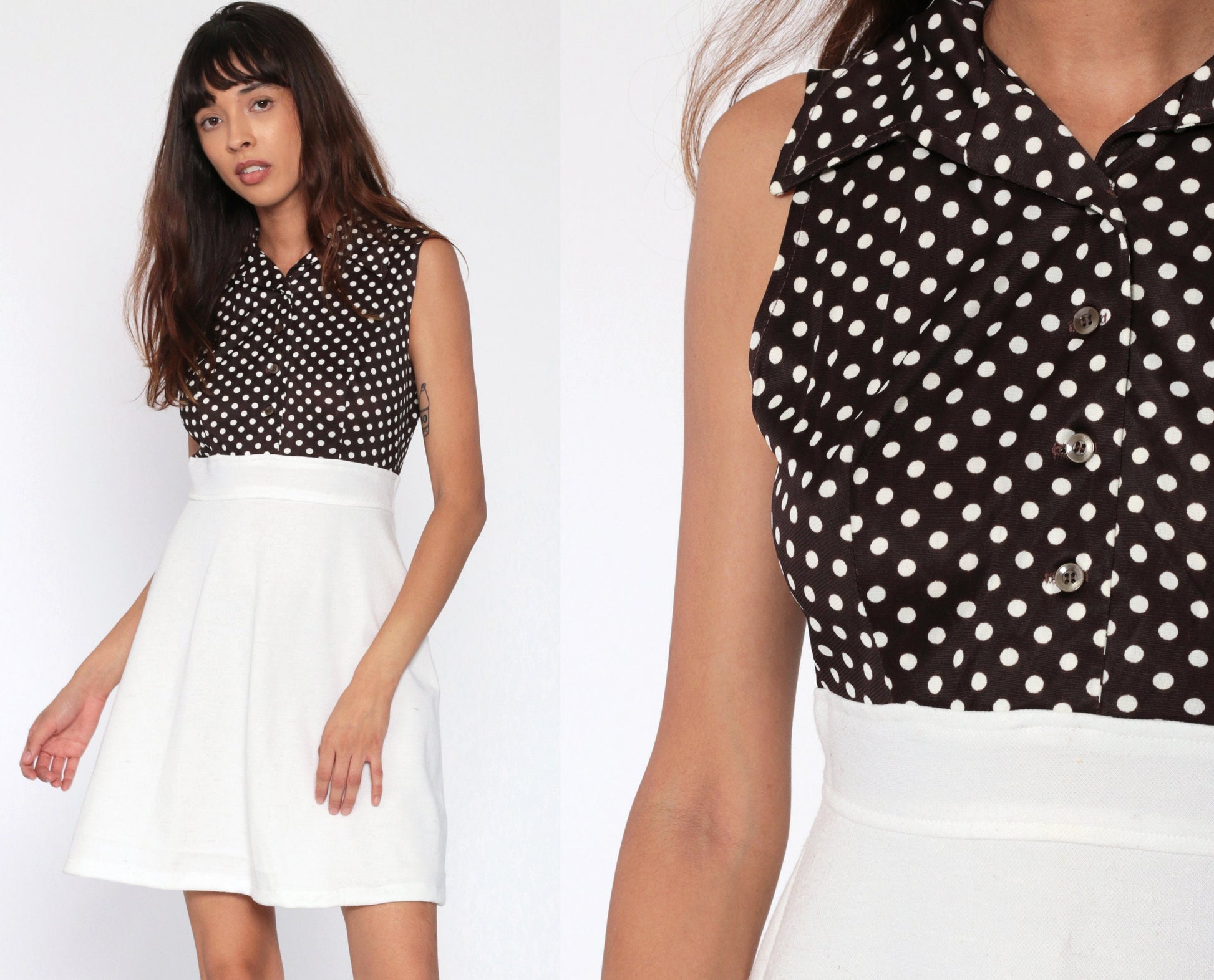 70s Brown Polka Dot Babydoll Dress Empire Waist Button Front Mini White Small