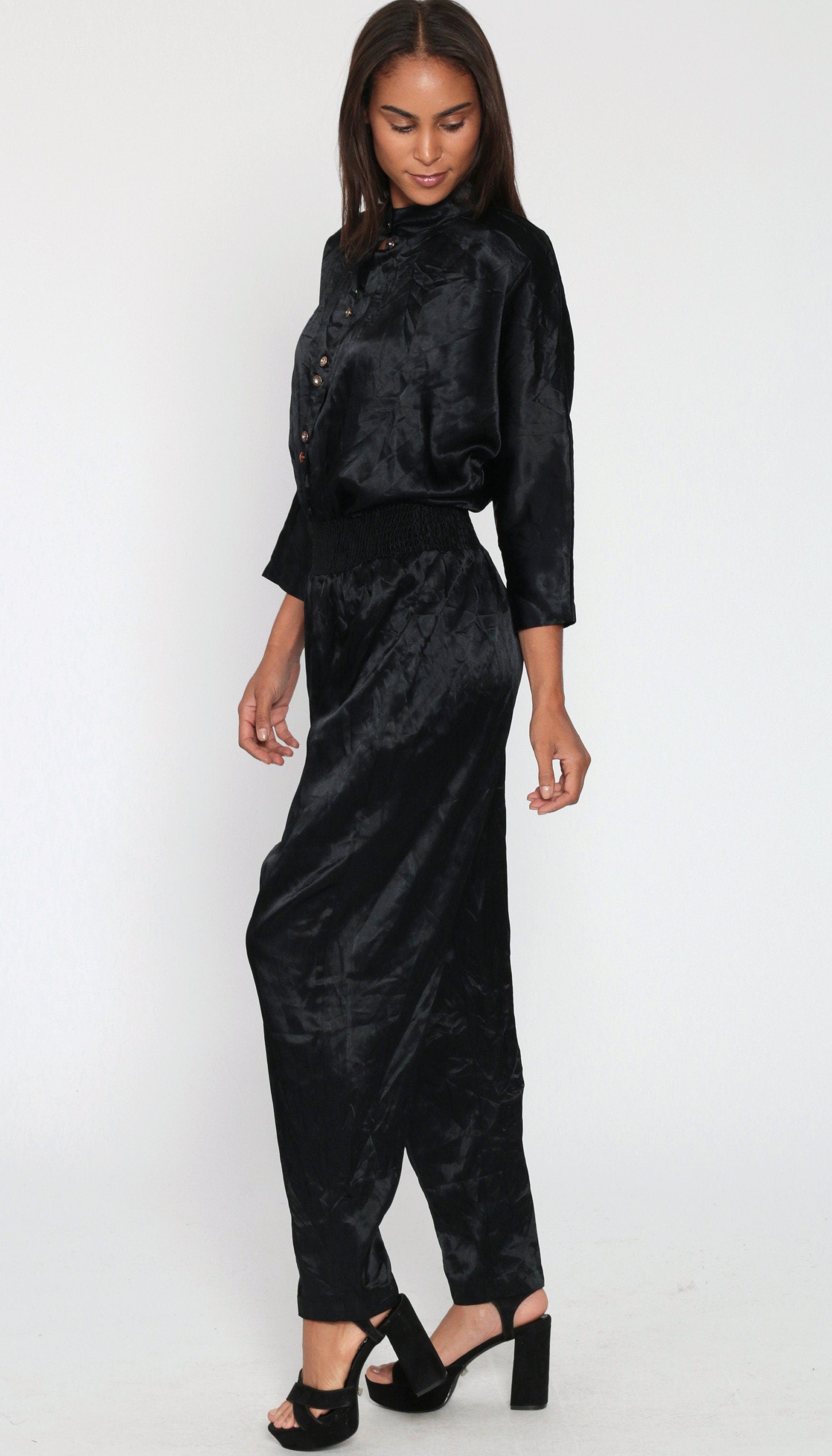 80s Black Satin Jumpsuit Dolman Sleeve Button-Up Tapered Small Medium