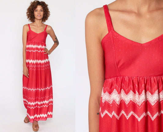 70s Red Zig Zag Striped Maxi Dress Empire Waist Spaghetti Strap Extra Small