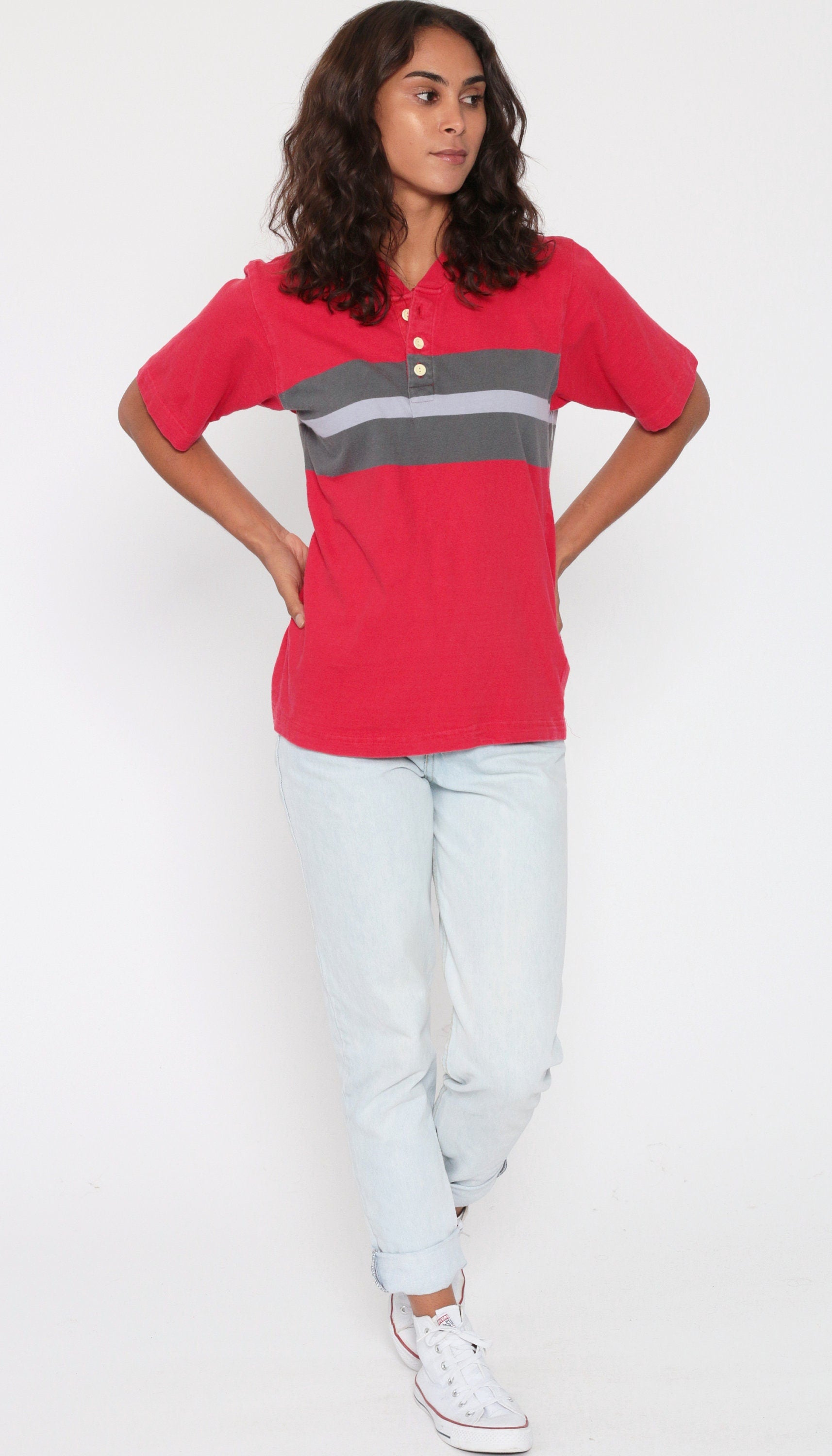 1970s Red Striped Polo Shirt Grey Color Block Half Button Cotton Small
