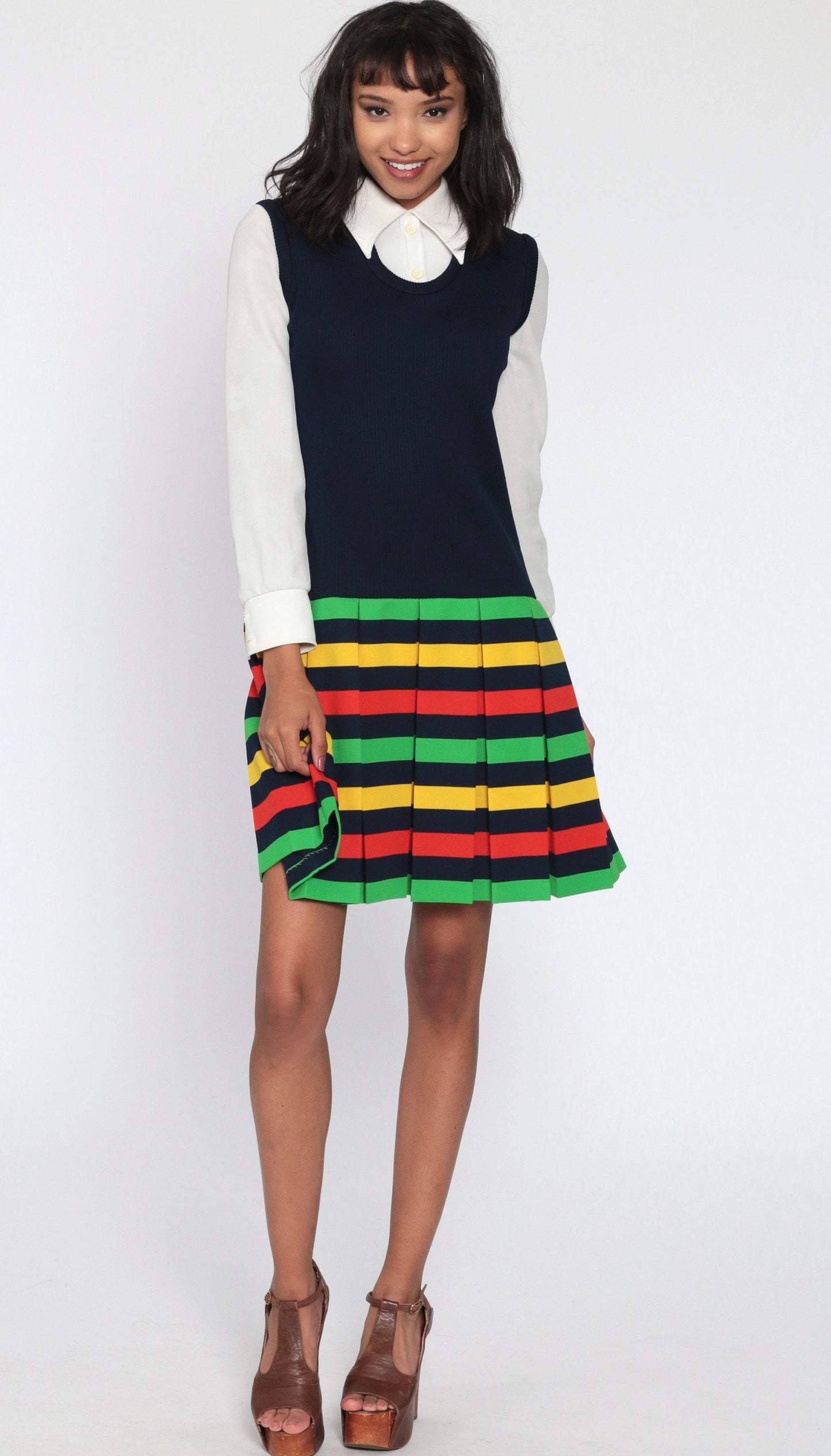 60s Mod Shift Dress Blue Striped Pleated Drop Waist Mini Small
