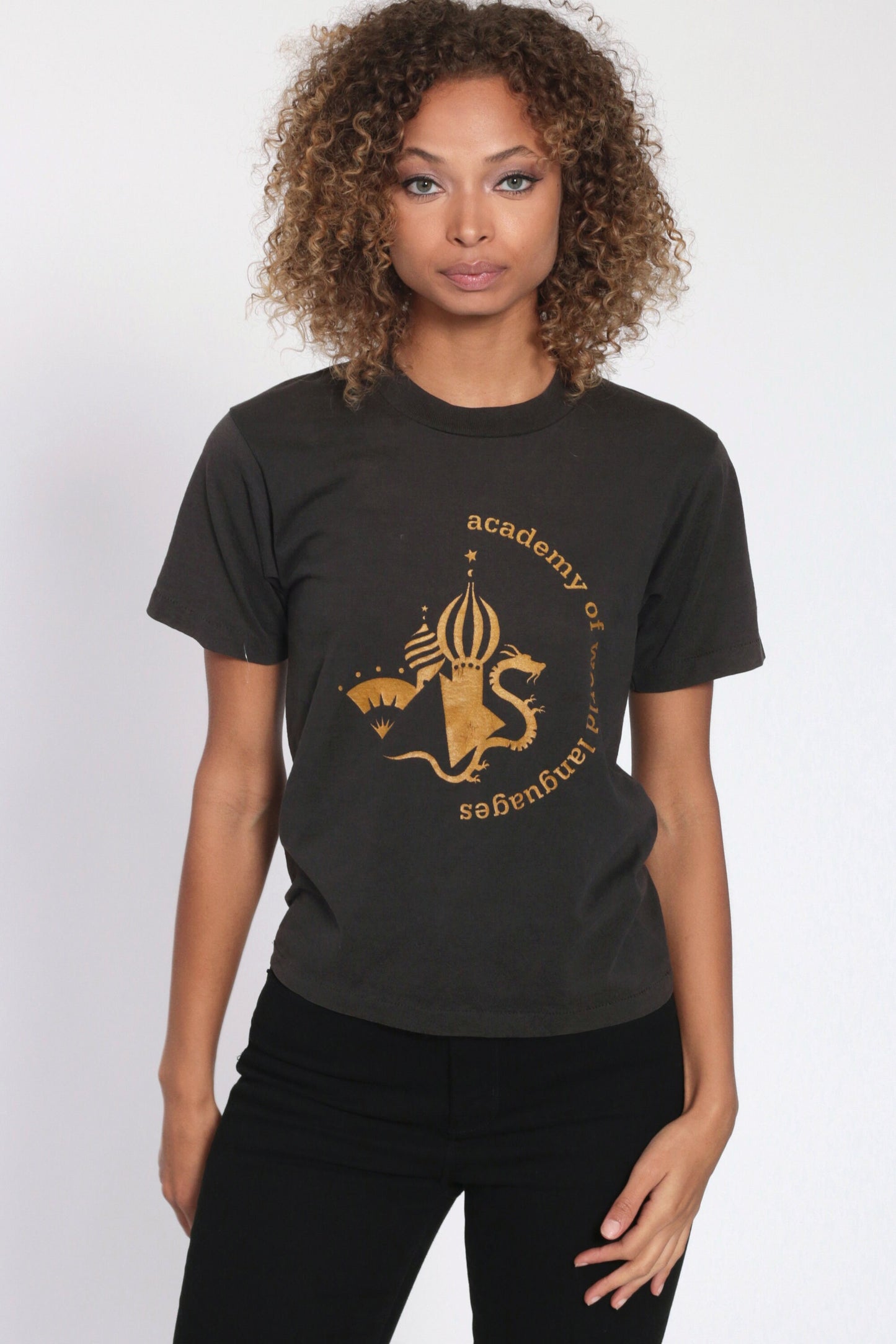 Academy of World Languages Graphic T-Shirt Black Single Stitch 90s Extra Small XS