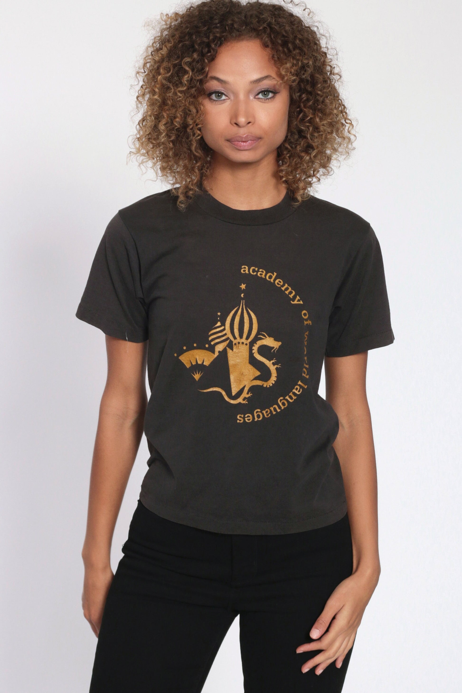 Academy of World Languages Graphic T-Shirt Black Single Stitch 90s Extra Small XS