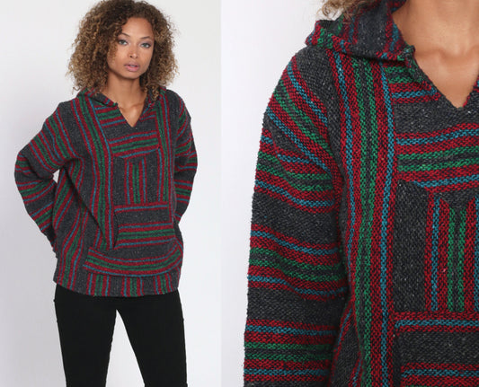 90s Mexican Drug Rug Baja Hoodie Grey Red Stripe Kangaroo Pocket Large