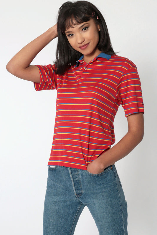 80s Sasson Polo Shirt Red Striped Half-Button Cotton Small