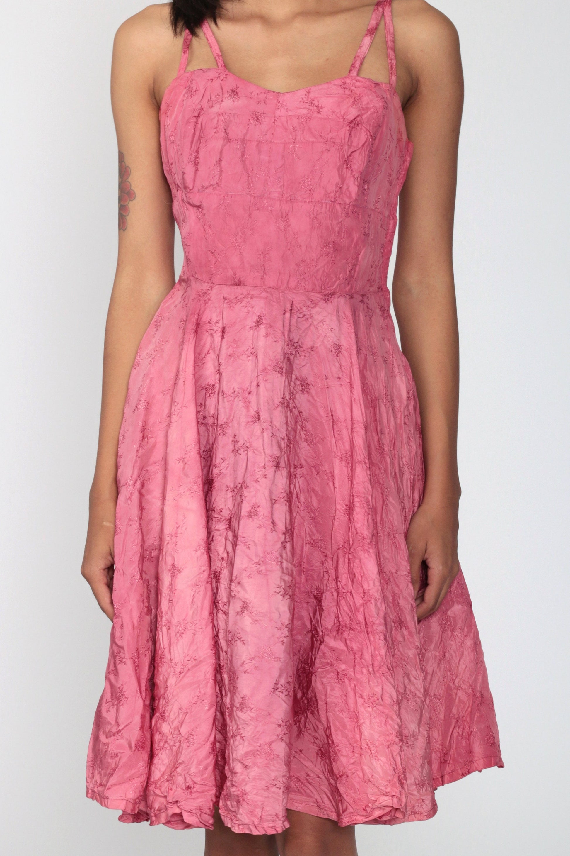 1950s Pink Floral Embroidered Midi Dress Spaghetti Strap High Waist Extra Small