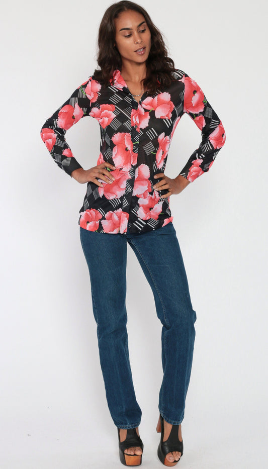 70s Jantzen Sheer Floral Poppy Blouse Black Pink Button Up Long Sleeve Small