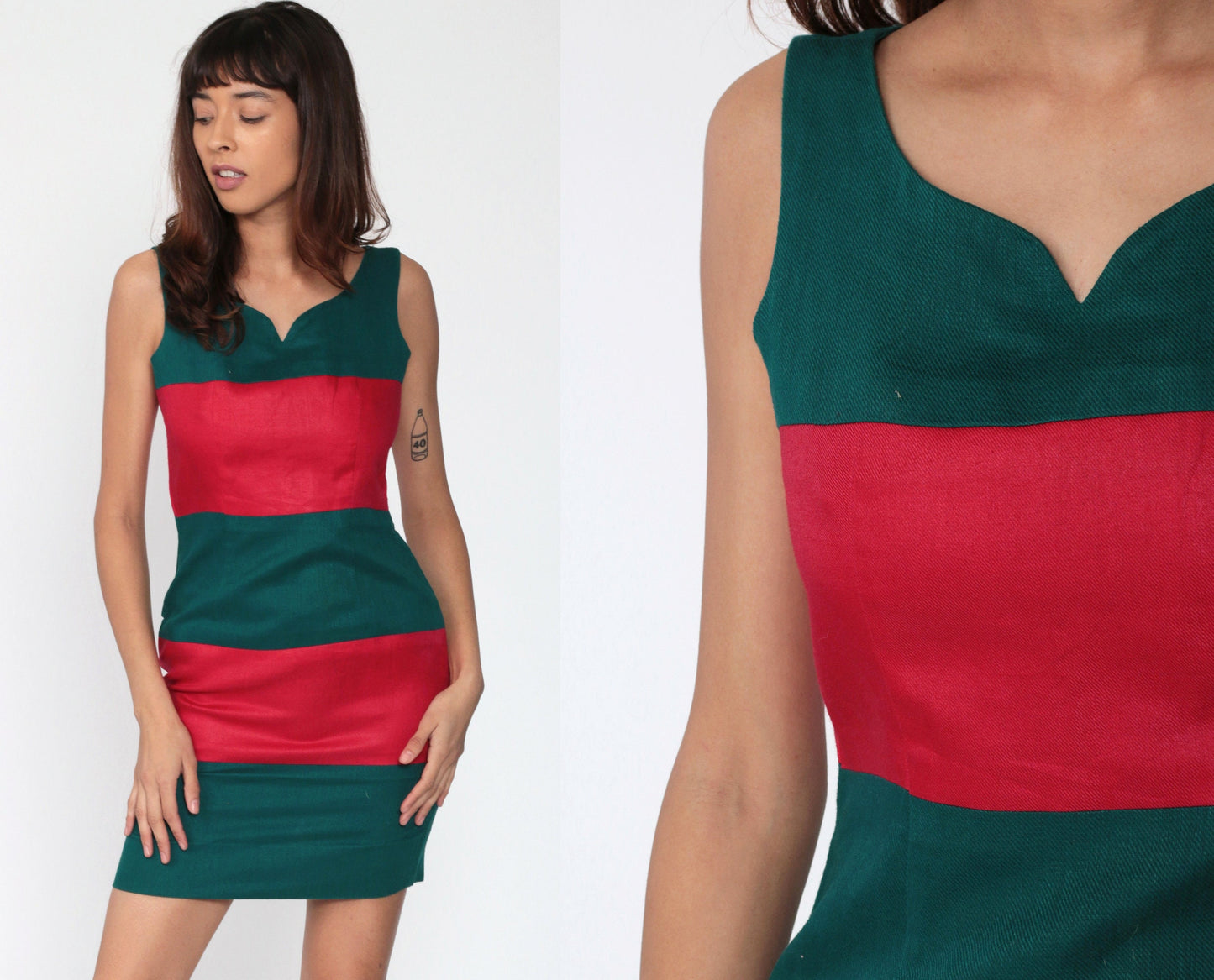 90s Kirei Striped Mini Dress Red Green Sleeveless Sheath Small