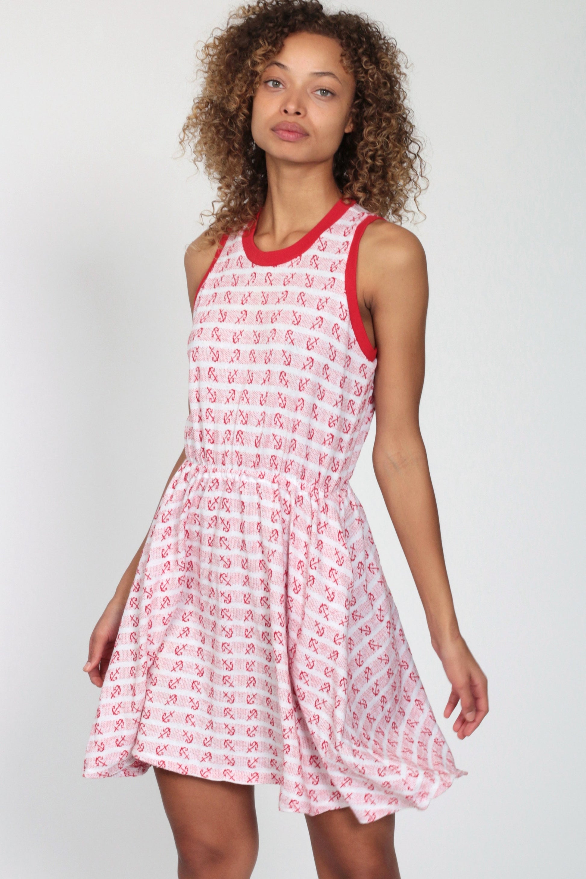 70s Nautical Anchor Mini Dress High Waist Ringer Red White Small