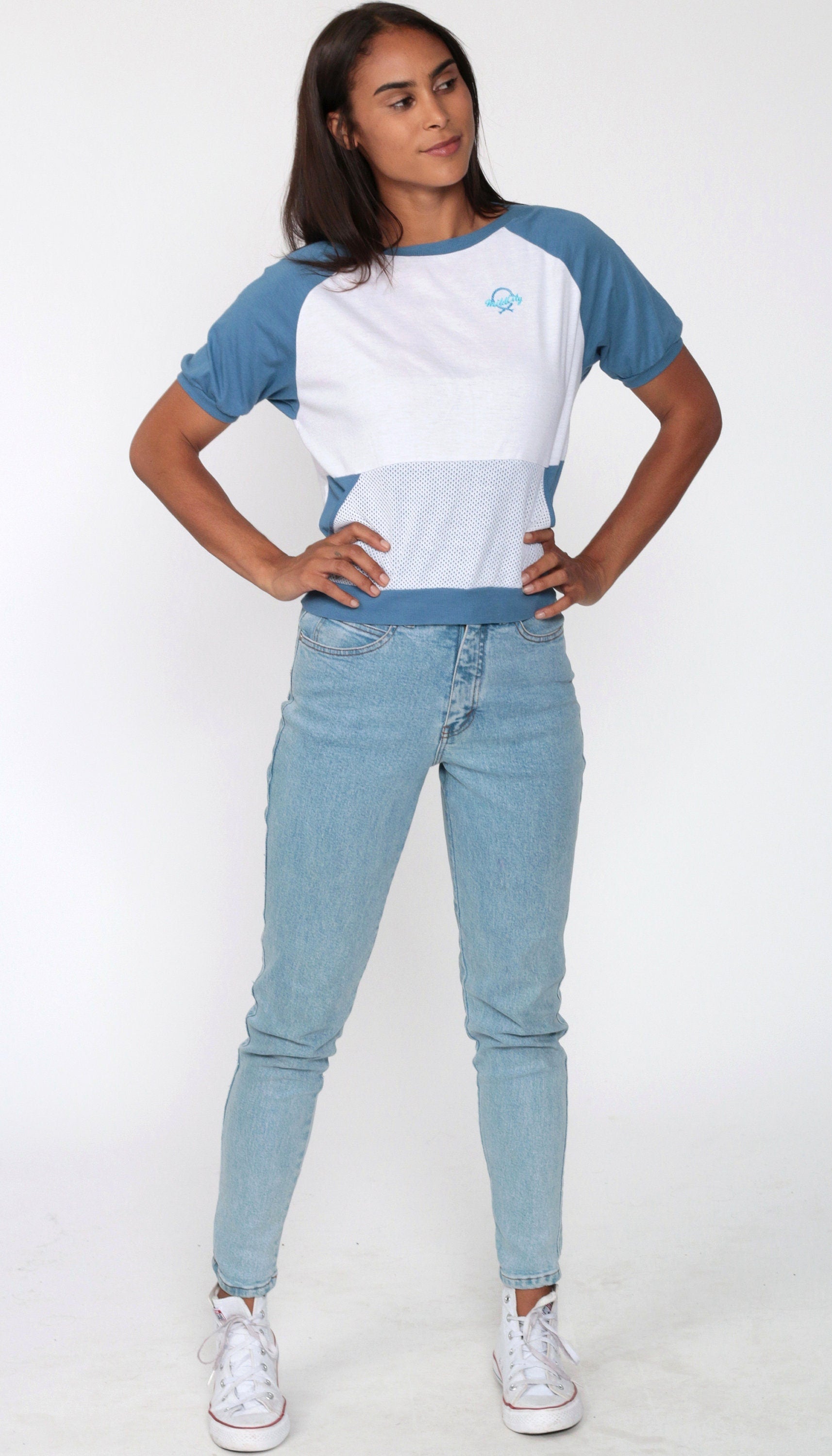 80s Mild City Raglan T-Shirt Mesh Pocket Blue White Small