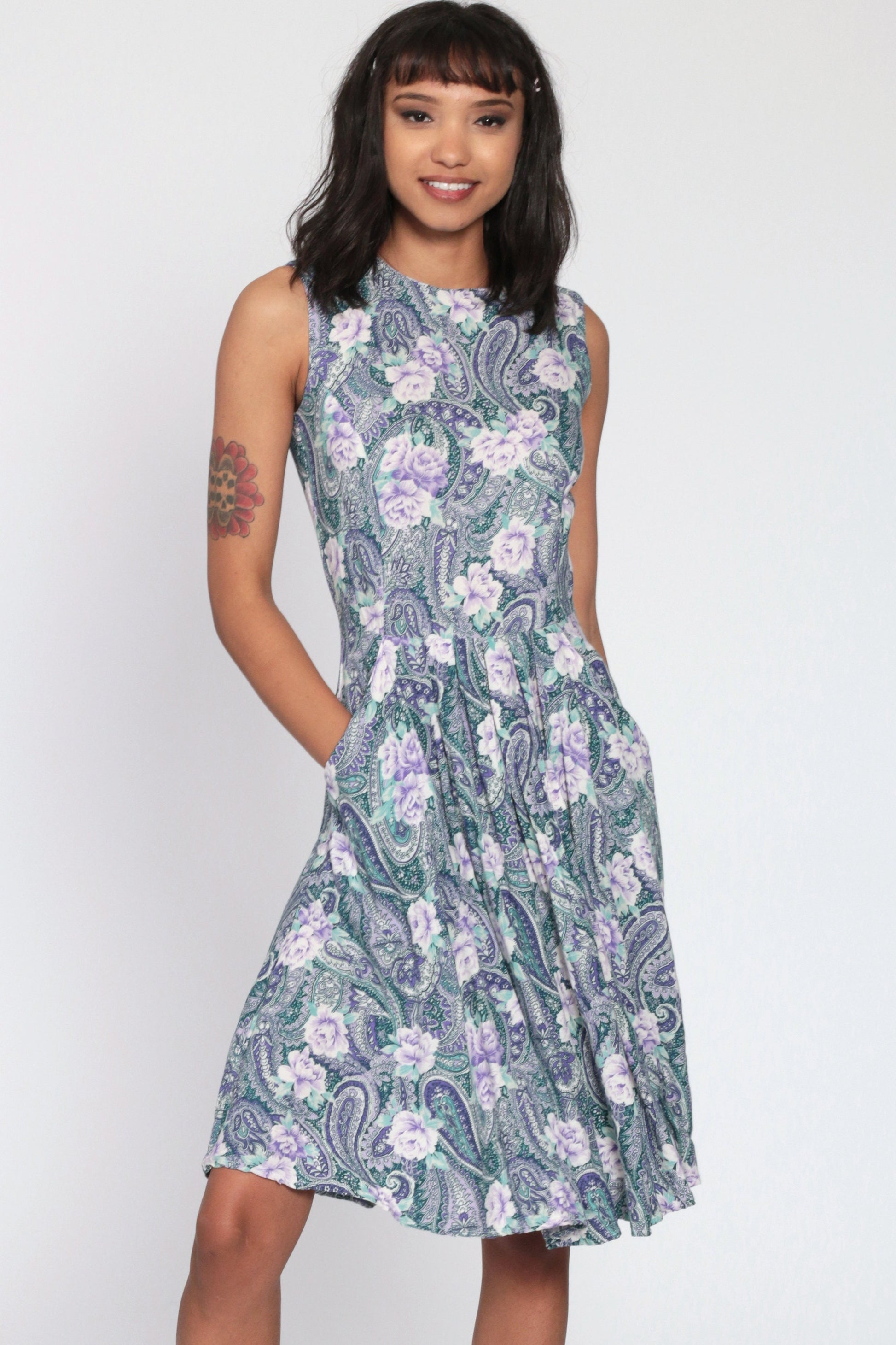 1970s Floral Paisley Button-Back Dress High Waist Midi Pockets Blue Extra Small
