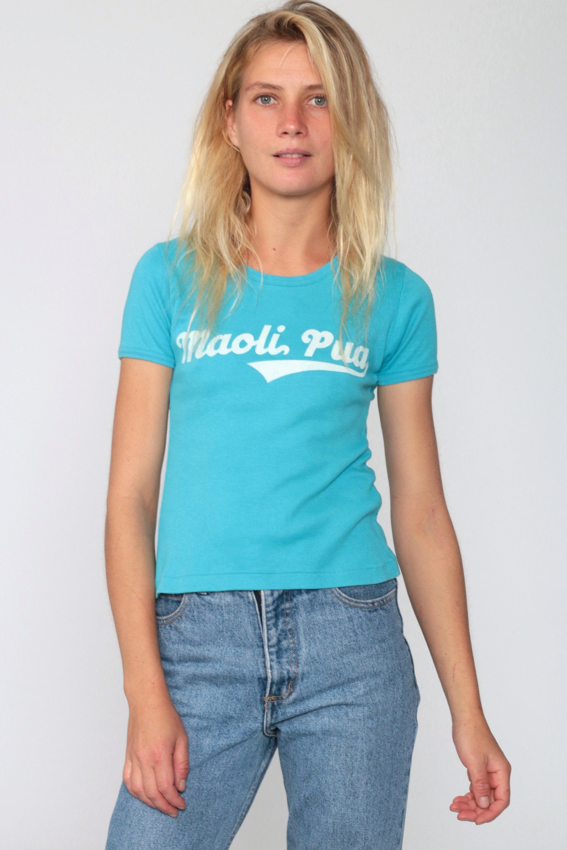 1970s Maoli Pua Hawaiian Graphic Baby Tee Blue Cap Sleeve Small