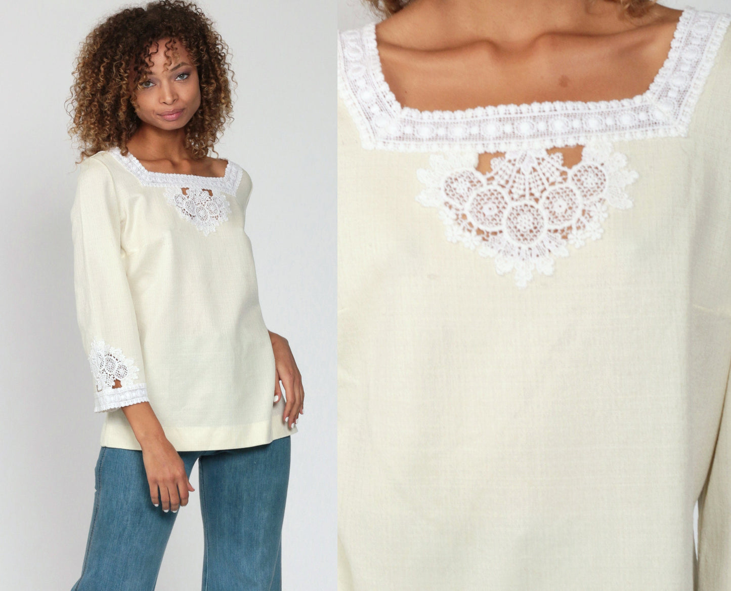 70s Cream Lace Cutout Blouse Long Sleeve Keyhole Top Medium