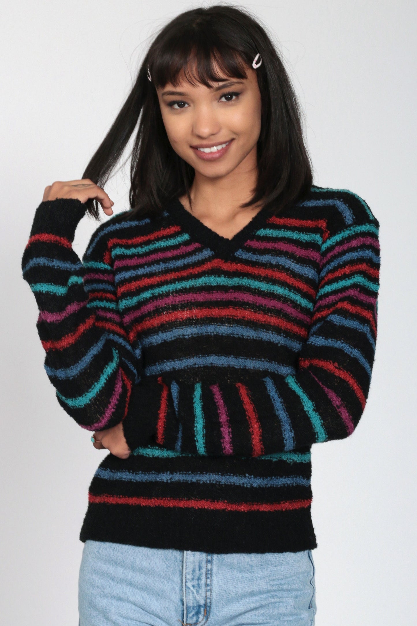 80s Black Striped V-Neck Sweater Pullover Knit Small