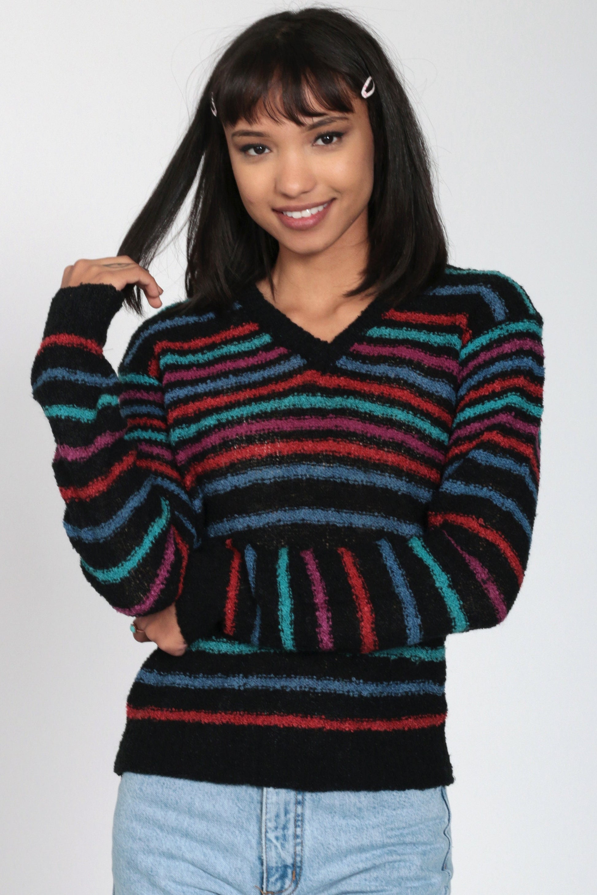 80s Black Striped V-Neck Sweater Pullover Knit Small