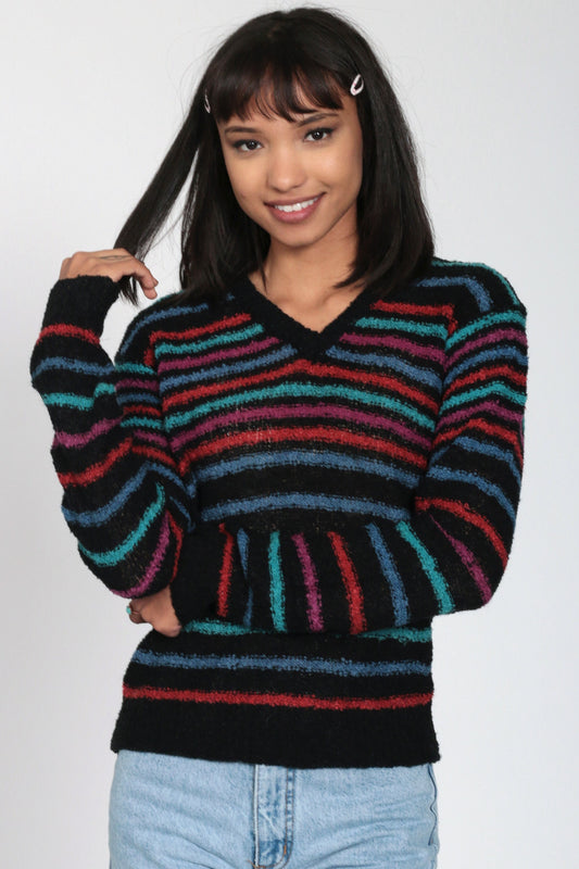 80s Black Striped V-Neck Sweater Pullover Knit Small