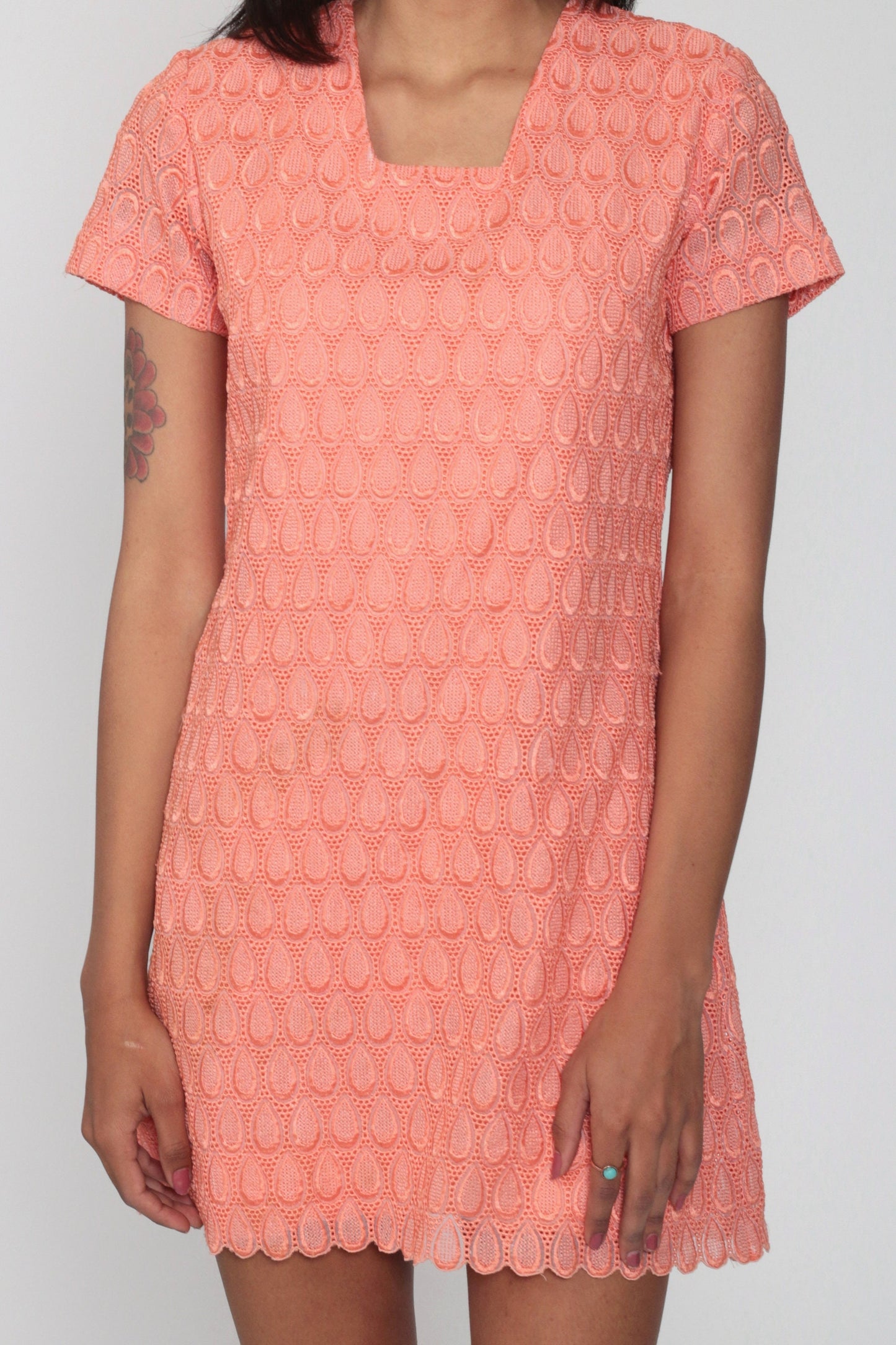 60s Orange Lace Mini Dress Shift Cocktail Short Sleeve Small
