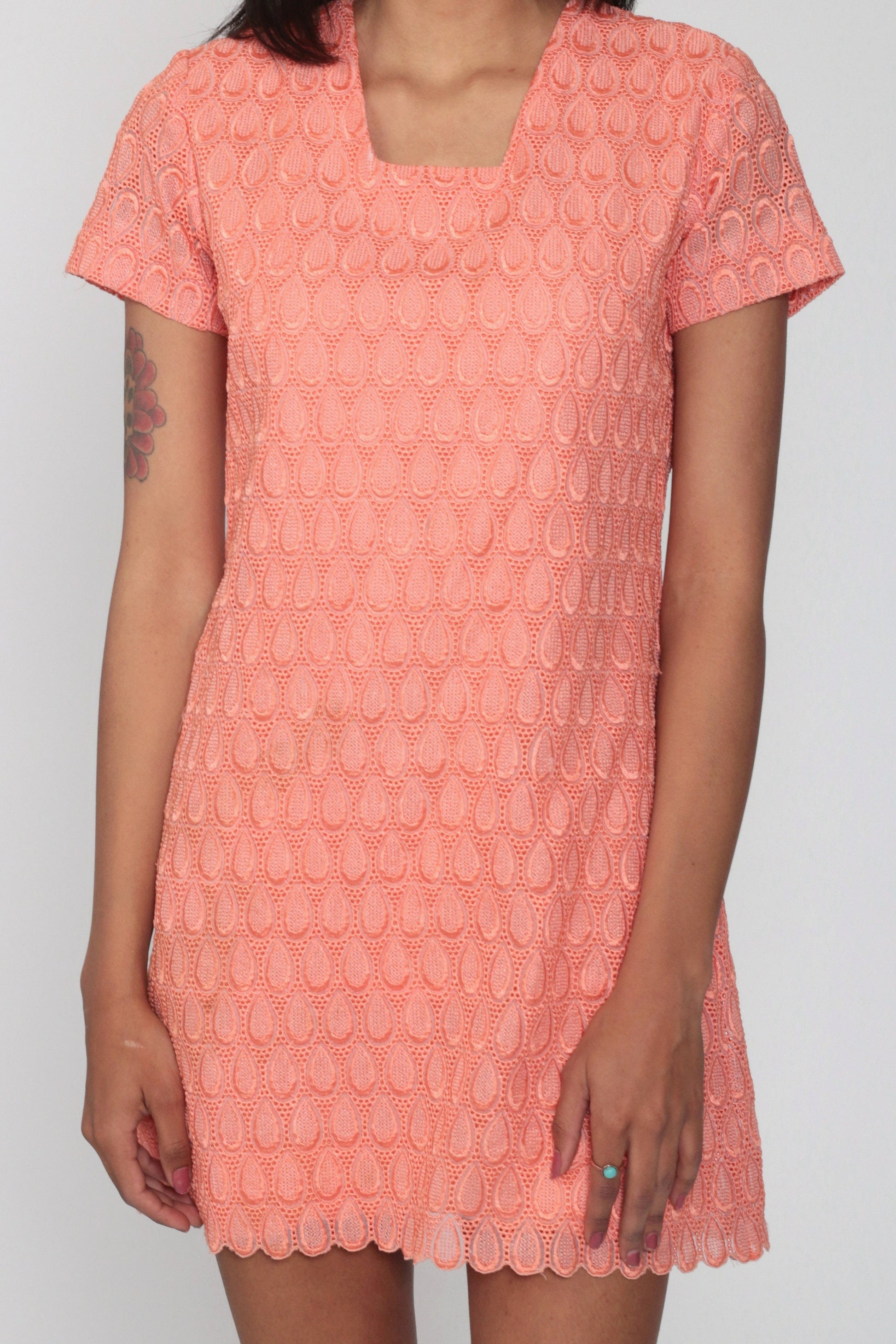 60s Orange Lace Mini Dress Shift Cocktail Short Sleeve Small