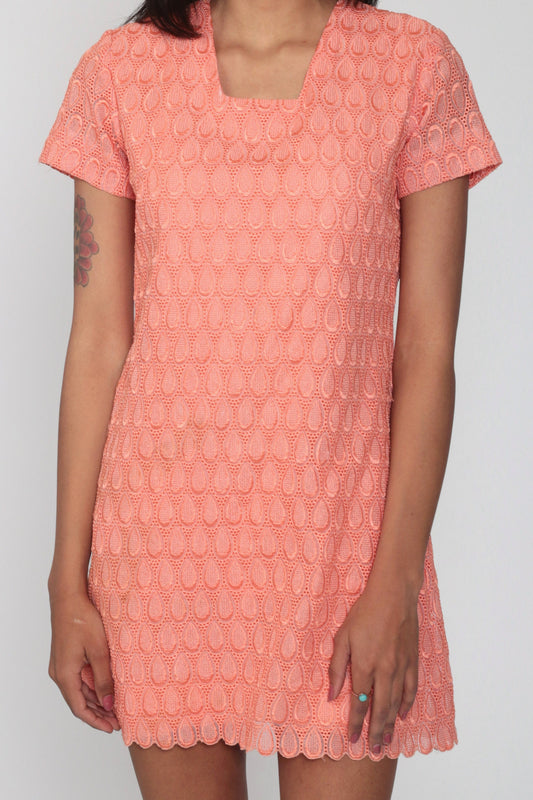 60s Orange Lace Mini Dress Shift Cocktail Short Sleeve Small