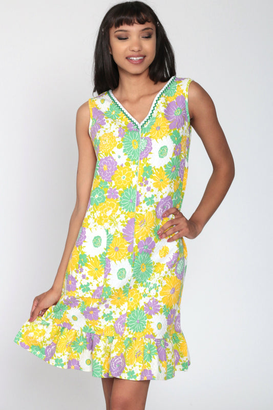 70s Floral Mini Shift Dress Yellow Green Psychedelic Front Zip Sleeveless Small
