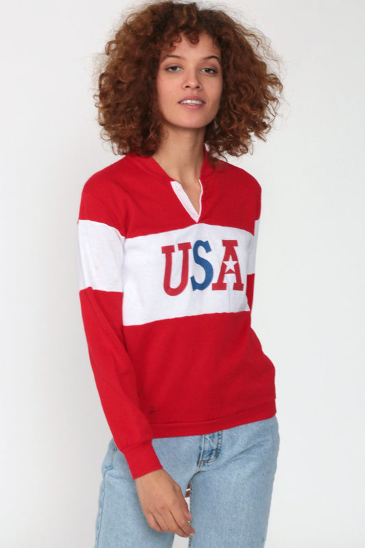 80s USA Patriotic Graphic Sweatshirt Red Polo Buttons Extra Small