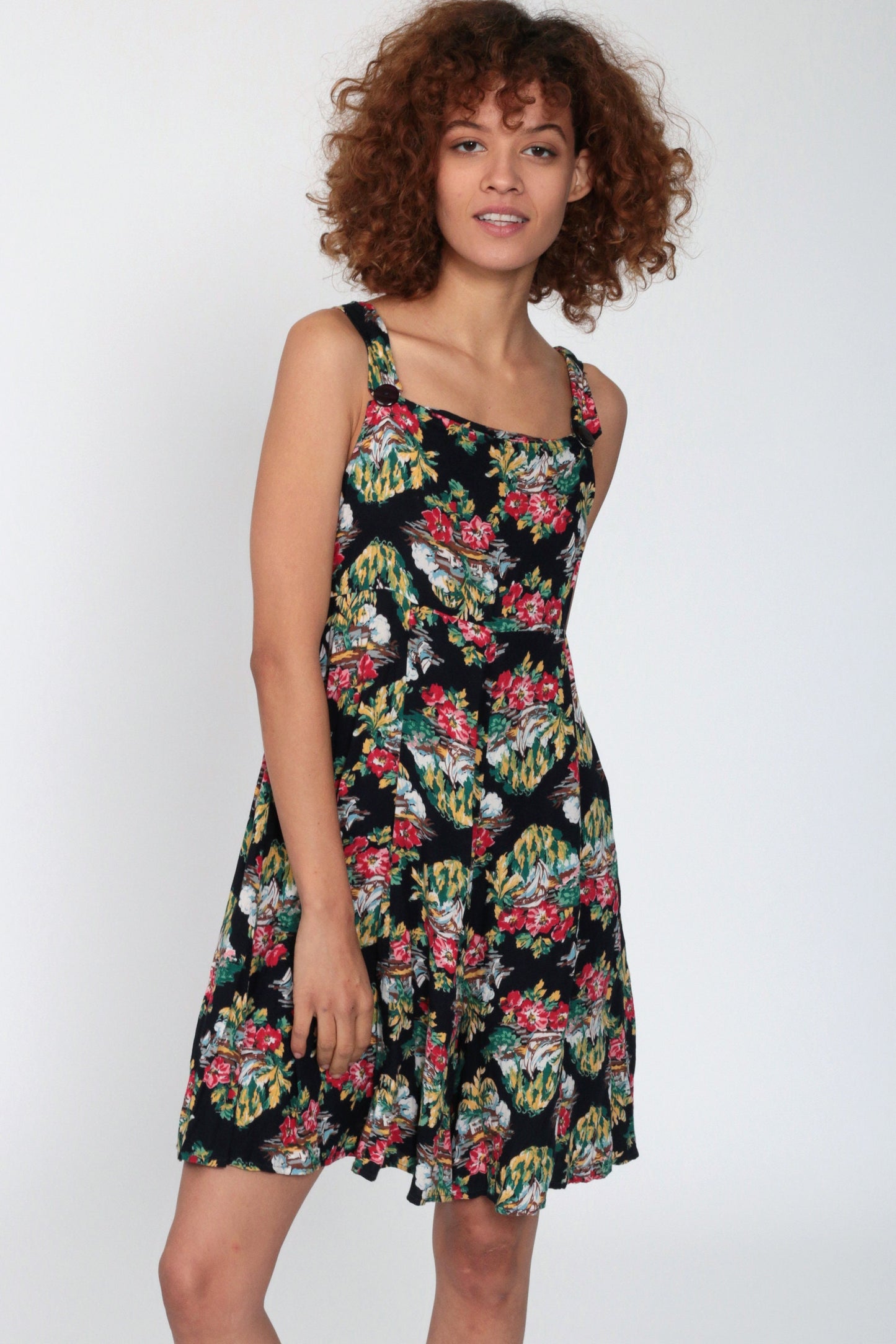 90s Tropical Floral Black Romper Sleeveless Wide Leg Playsuit Extra Small