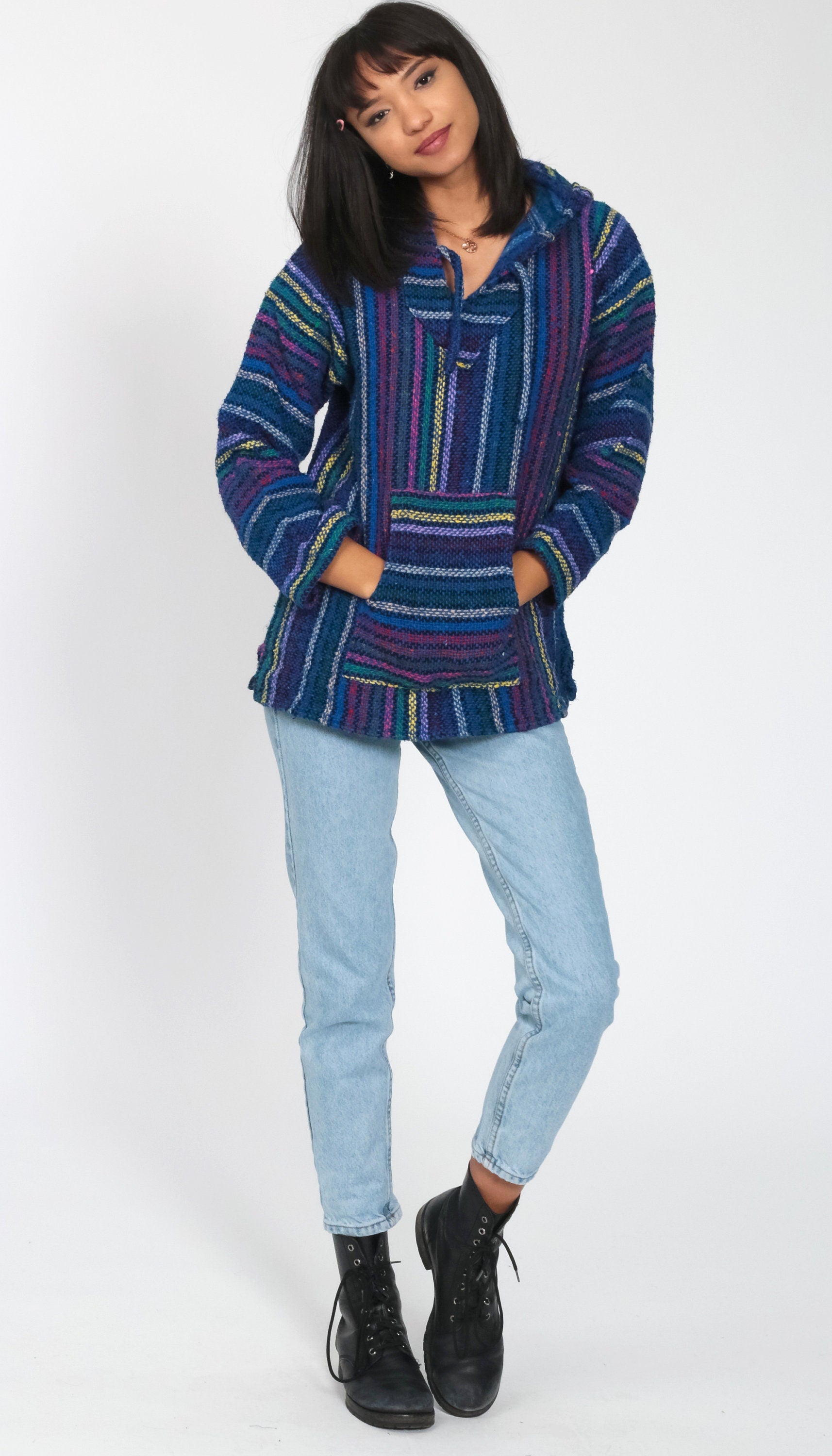 90s Neon Rainbow Mexican Drug Rug Baja Hoodie Blue Kangaroo Pocket Medium