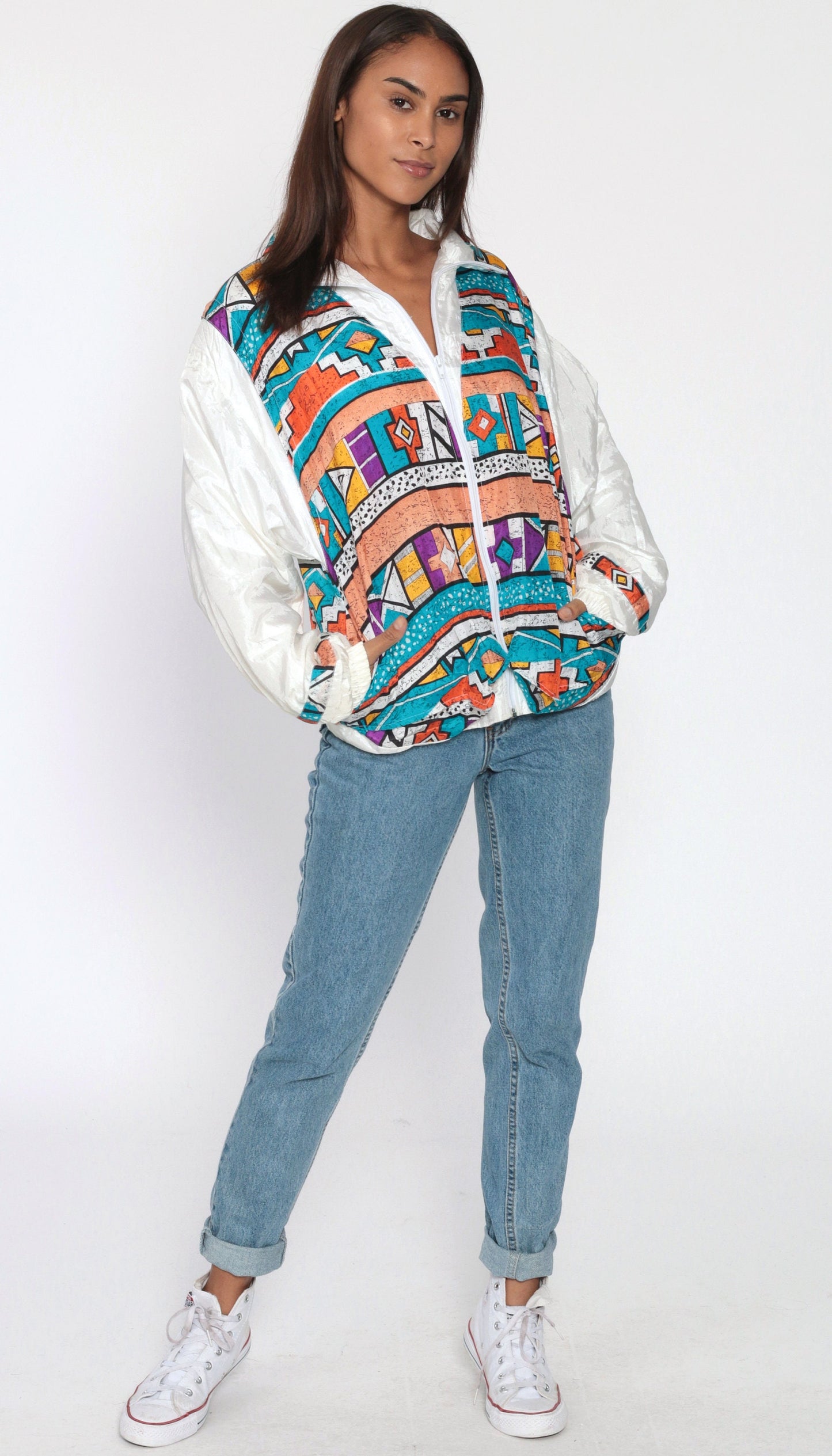 90s Tribal Geometric Windbreaker Jacket White Southwestern Nylon Medium Large