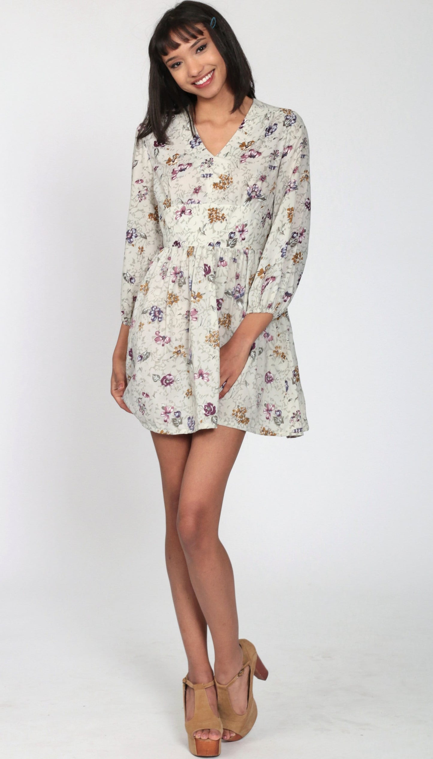 70s Floral Empire Waist Mini Dress Grey V-Neck Long Sleeve Small