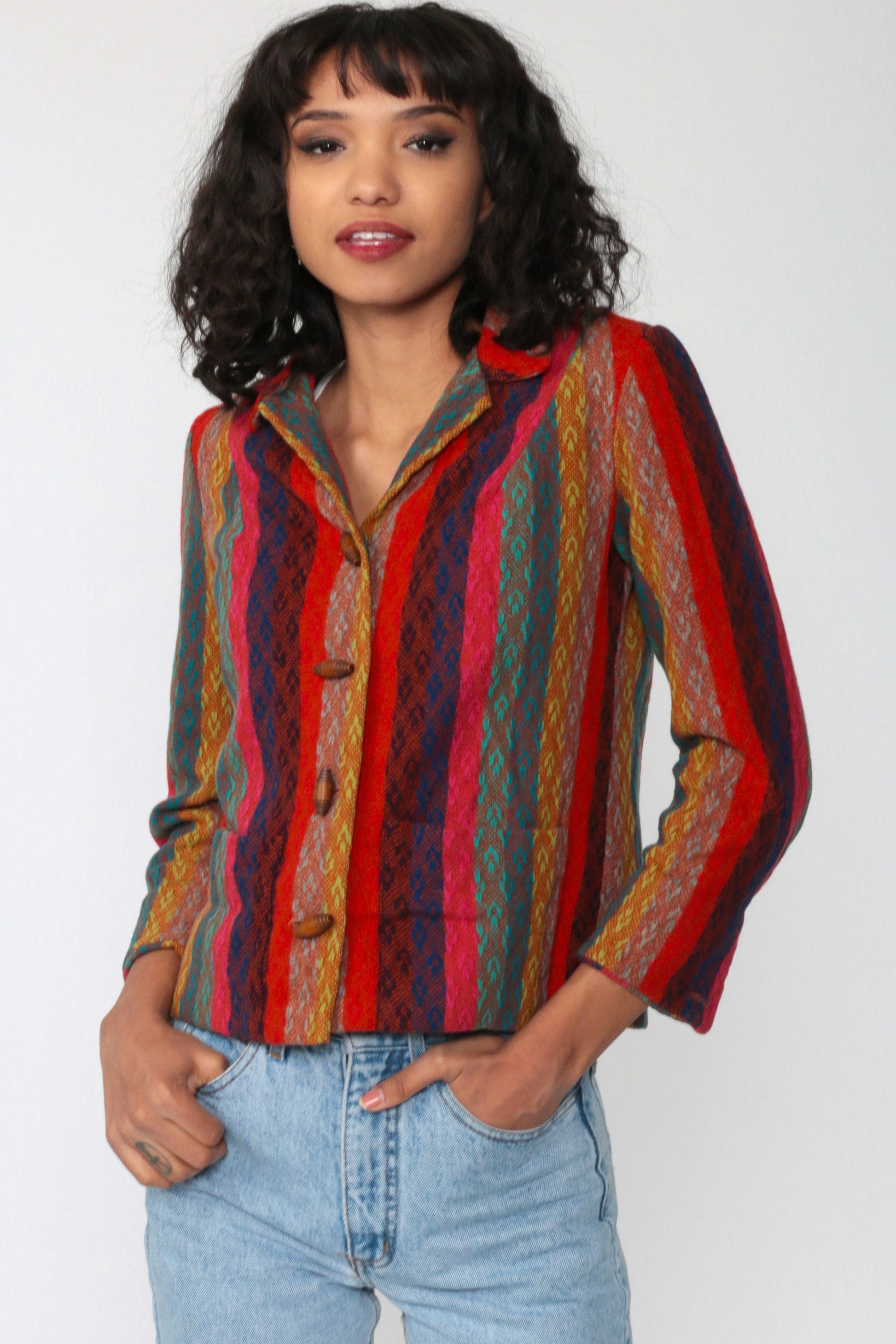 90s Striped Wool Blend Toggle Jacket Red Pink Blue Small