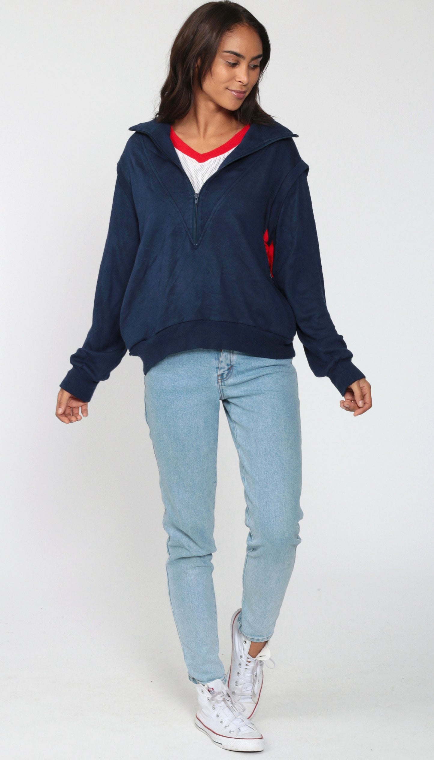 80s Half Zip Sweatshirt Attached Mesh Tank Navy Red White Ringer V-Neck Medium