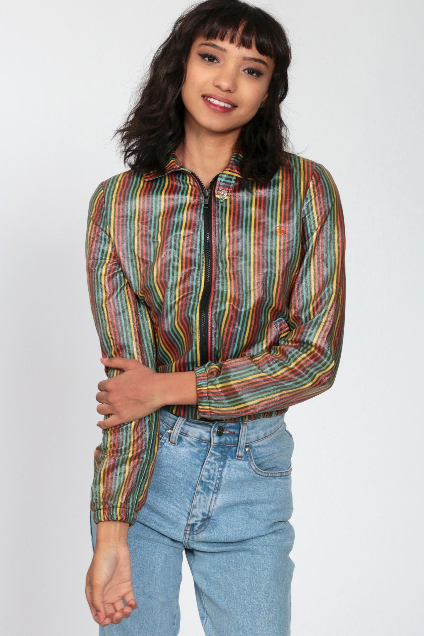 90s Rainbow Striped Cropped Windbreaker Jacket Black Zip-Up Extra Small XS