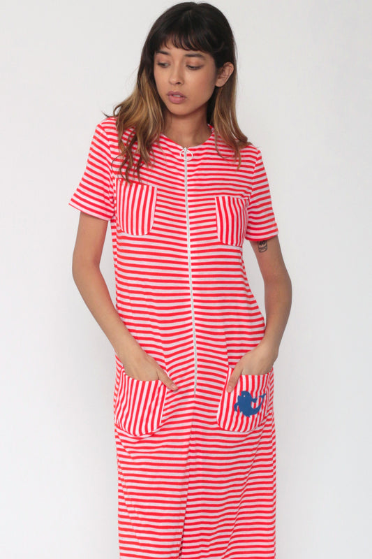 70s Red White Striped Maxi Dress Fish Pocket Front Zip Column Small Medium