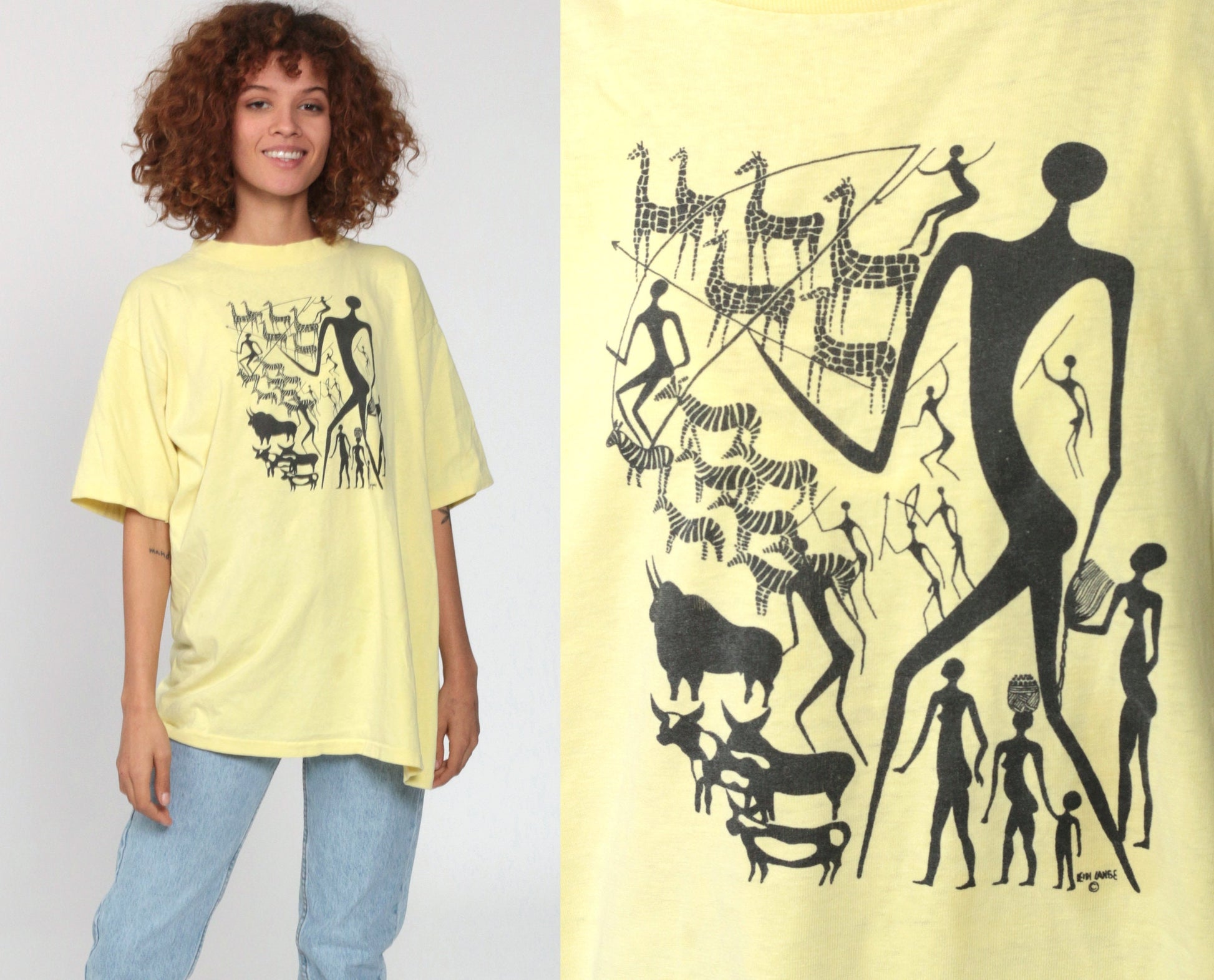 90s Heidi Lange Kenyan Art Hunter Graphic T-Shirt Unisex Large