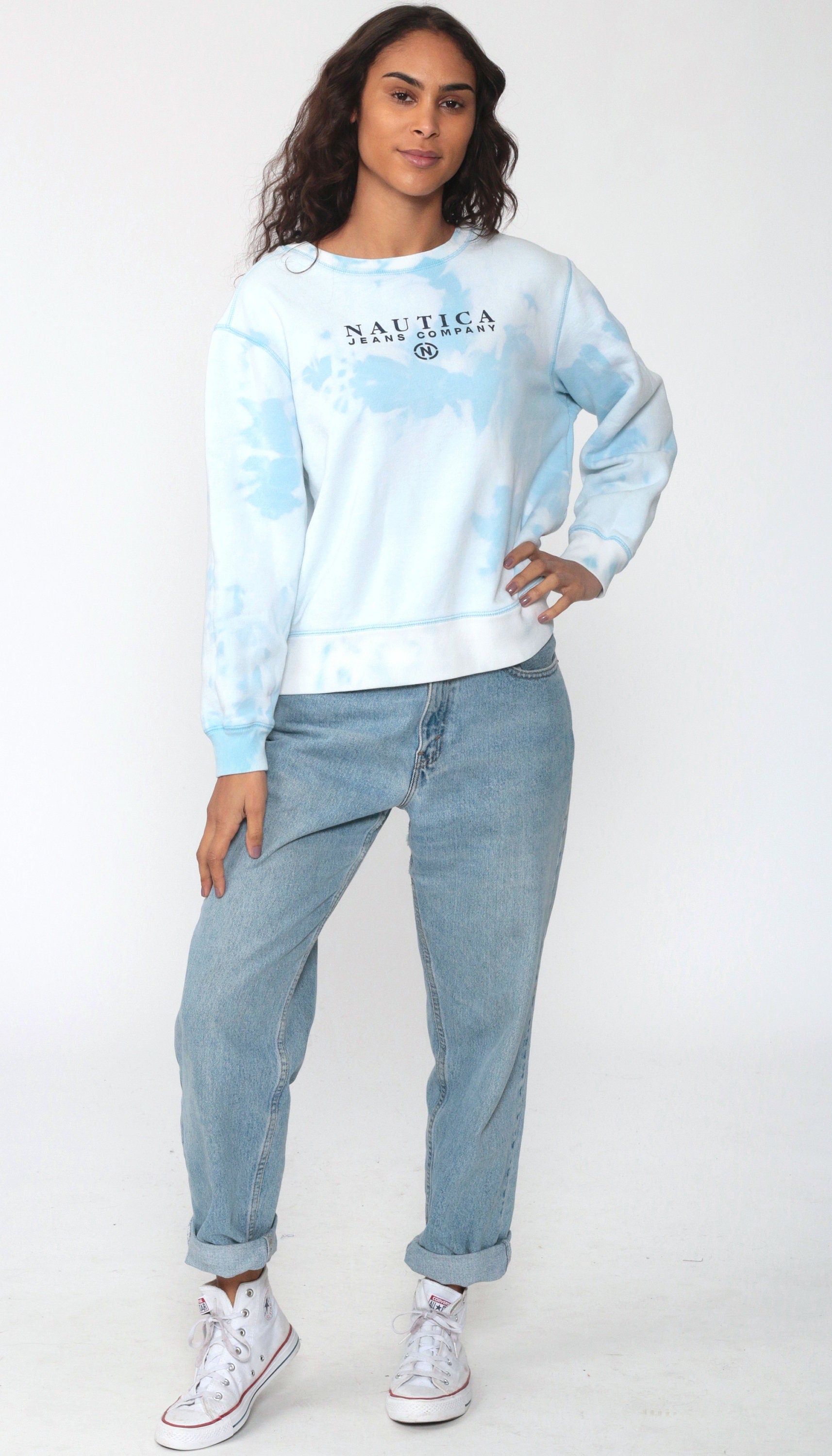 90s Nautica Tie Dye Crewneck Sweatshirt Blue White Extra Large XL