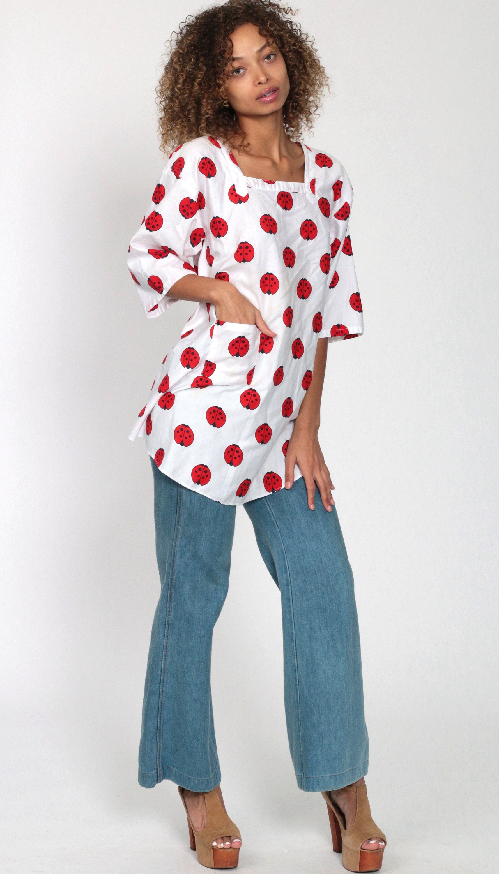 70s Ladybug Print Tunic Blouse Open Back 3/4 Sleeve Extra Small