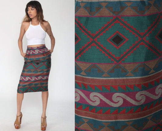 80s Tapestry Geometric High-Waist Knee Skirt Pencil Wiggle Extra Small XS