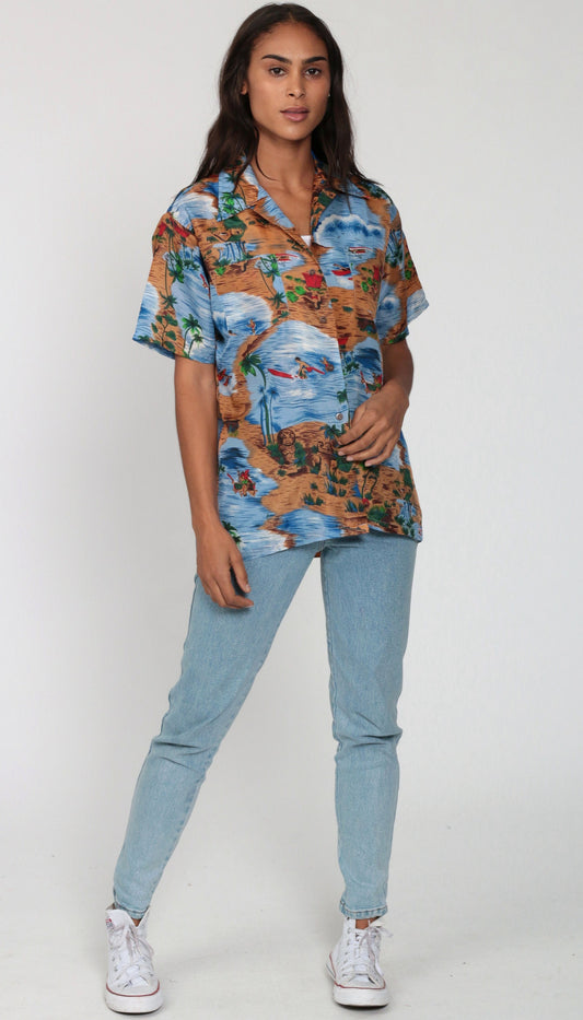 90s Hawaiian Shirt Surfer Ocean Print Button Up Sea Blue Medium