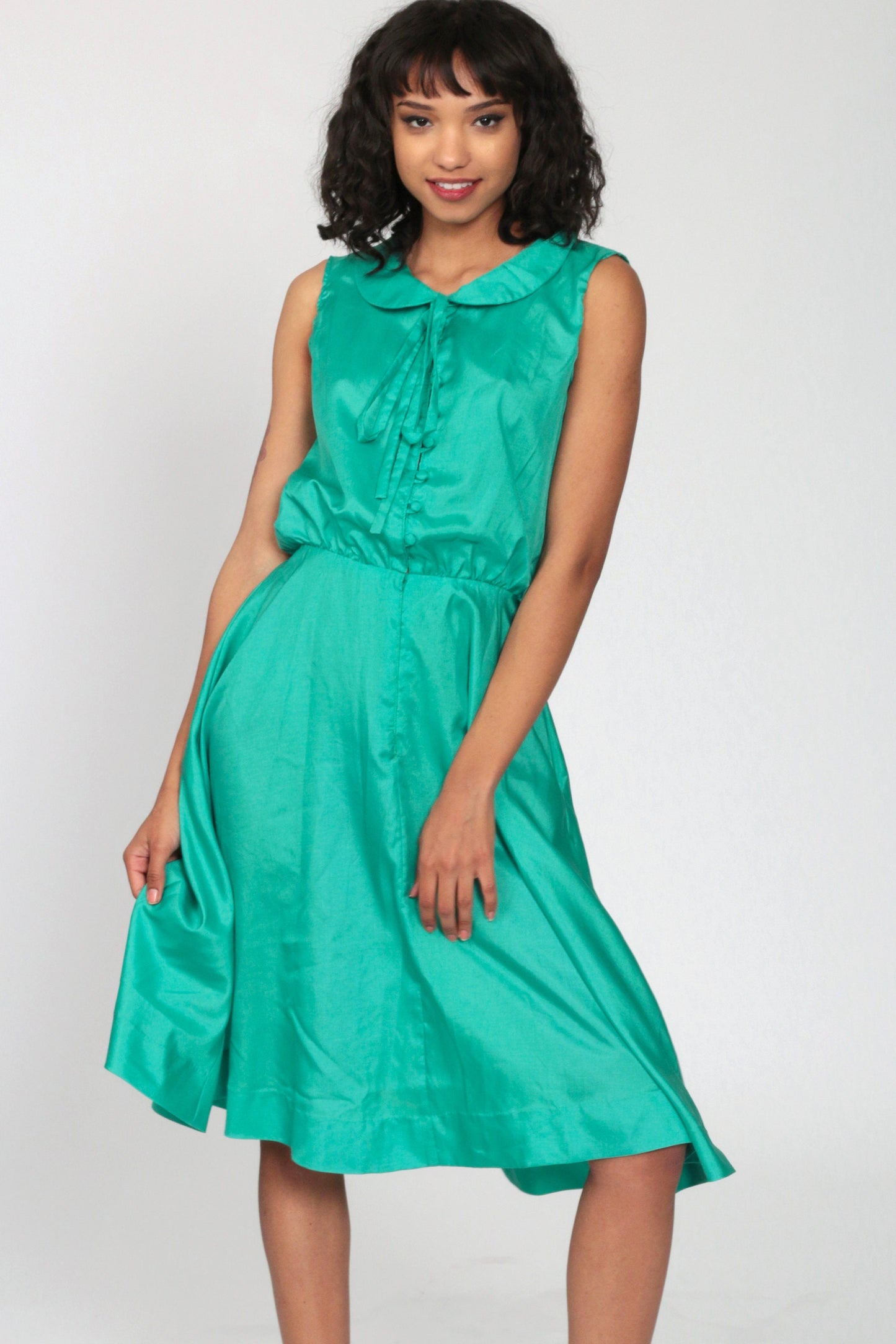 70s Green Midi Dress Peter Pan Collar High Waist Button Front Extra Small