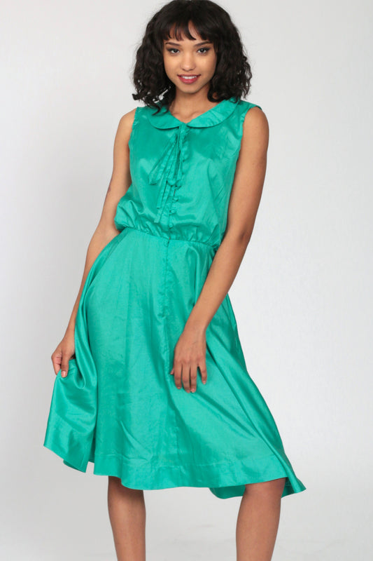 70s Green Midi Dress Peter Pan Collar High Waist Button Front Extra Small