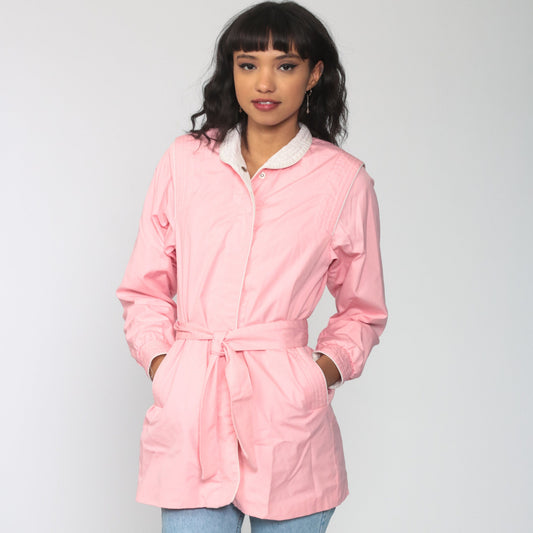 80s Baby Pink Hooded Windbreaker Jacket Belted Cotton Small