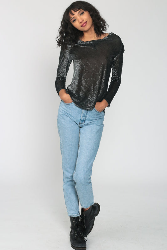 70s Metallic Silver Black Cowl Neck Blouse Puff Sleeve Sheer Top Small