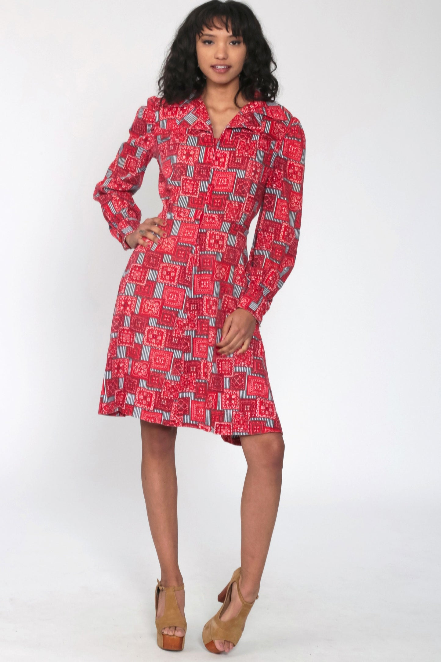 70s Bandana Print Mini Dress Cherry Buttons Puff Sleeves High Waist Red Medium
