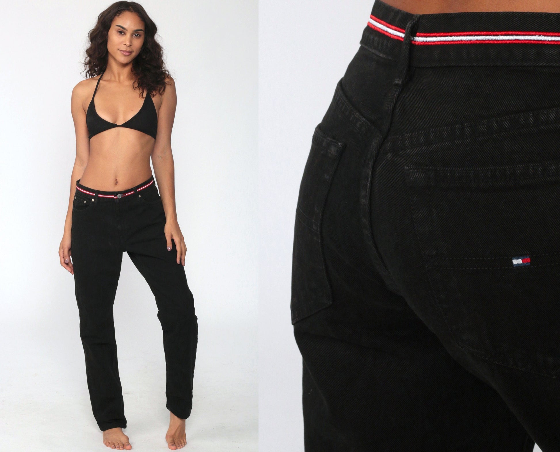 Tommy Hilfiger 90s Black Denim Mom Jeans Red Striped Waistband Size 6